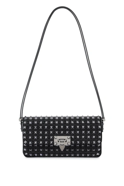 Valentino Garavani Rockstud23 East-west Leather Shoulder Bag With Studs And Rhinestones In Black