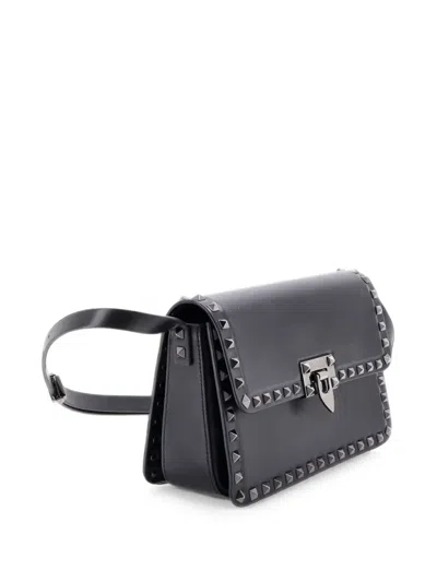 Pre-owned Valentino Garavani Rockstud23 Leather East West Shoulder Bag In Black