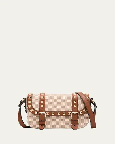 Valentino Garavani Rockstuds Buckle Flap Canvas Crossbody Bag In Naturale-tobaccoselleria