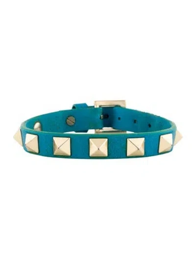 Pre-owned Valentino Garavani Rocktsud Leather Bracelet, 8" In Blue
