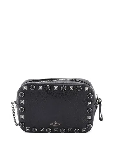 Pre-owned Valentino Garavani Rolling Rockstud Camera Leather With Cabochons Crossbody Bag In Black