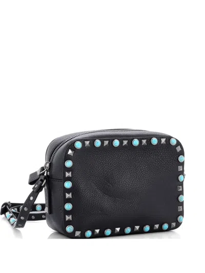 Pre-owned Valentino Garavani Rolling Rockstud Camera Leather With Cabochons Crossbody Bag In Black