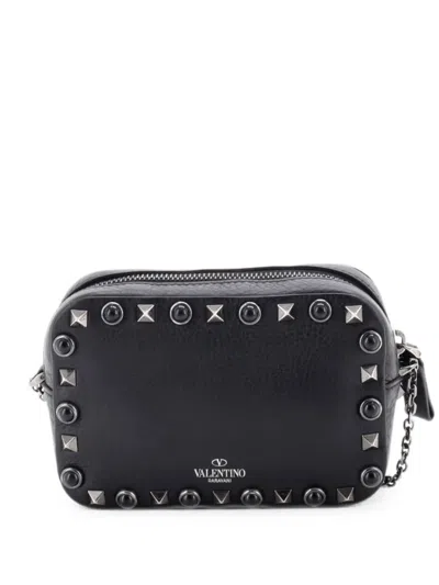 Pre-owned Valentino Garavani Rolling Rockstud Camera Leather With Cabochons Crossbody Bag In Black