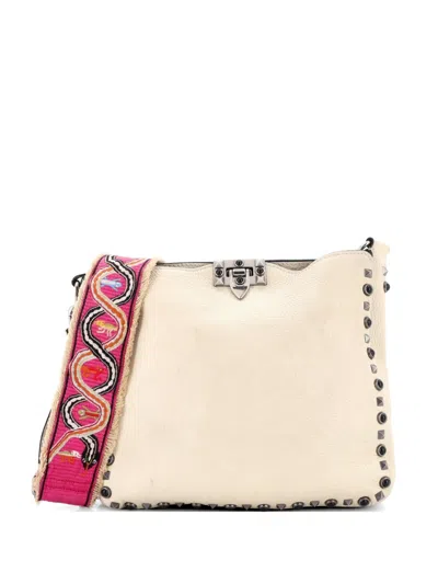 Pre-owned Valentino Garavani Rolling Rockstud Flip Lock Messenger Bag Leather With Cabochons Medium Crossbody Bag In Neutral