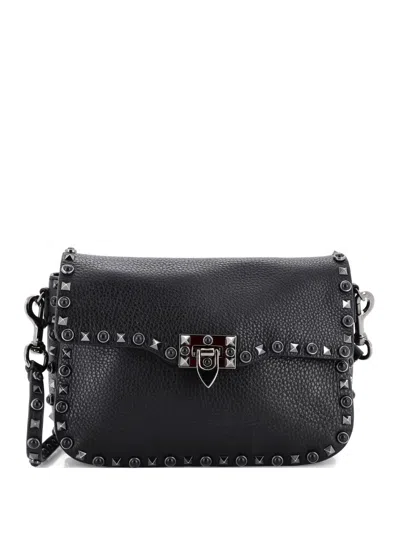 Pre-owned Valentino Garavani Rolling Rockstud Leather With Cabochons Medium Crossbody Bag In Black