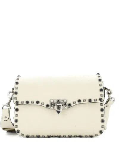 Pre-owned Valentino Garavani Rolling Rockstud Leather With Cabochons Medium Crossbody Bag In Neutral