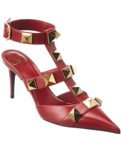 Valentino Garavani Valentino Roman Stud 80 Leather Ankle Strap Pump In Red