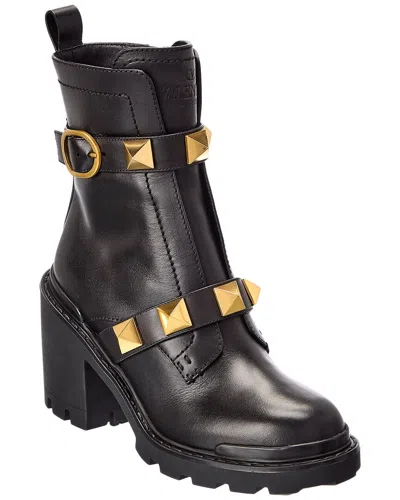 Valentino Garavani Combat Black Leather Boots With Antique Brass Studs In Nero