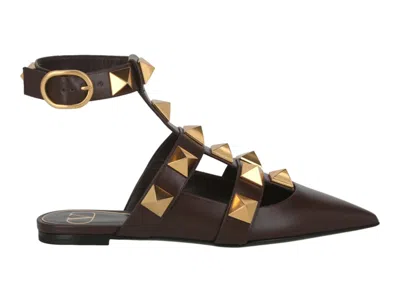 Pre-owned Valentino Garavani Roman Stud Ballerina Flats (women's) Sneakers In Dark Brown