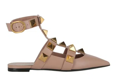 Pre-owned Valentino Garavani Roman Stud Ballerina Flats (women's) Sneakers In Rose Cannelle