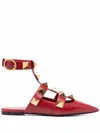 Valentino Roman Stud Leather Ankle Strap Flat In Red