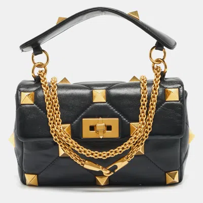 Pre-owned Valentino Garavani Roman Stud Black Leather Top Handle Bag