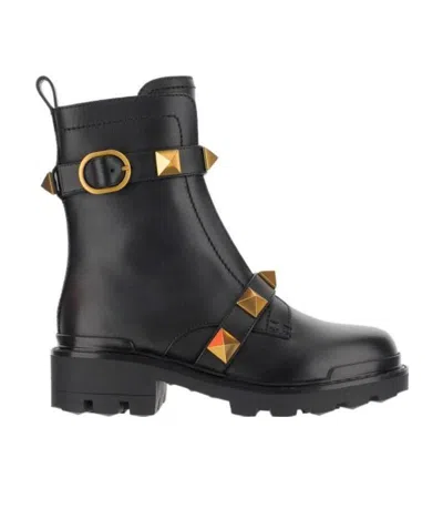 Valentino Garavani Combat Black Leather Boots With Antique Brass Studs In Nero