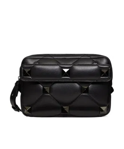 Valentino Garavani Roman Stud Diamond-quilted Shoulder Bag In Black