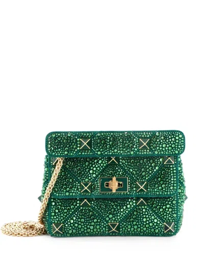Pre-owned Valentino Garavani Roman Stud Flap Bag Embellished Suede Medium Shoulder Bag In Green