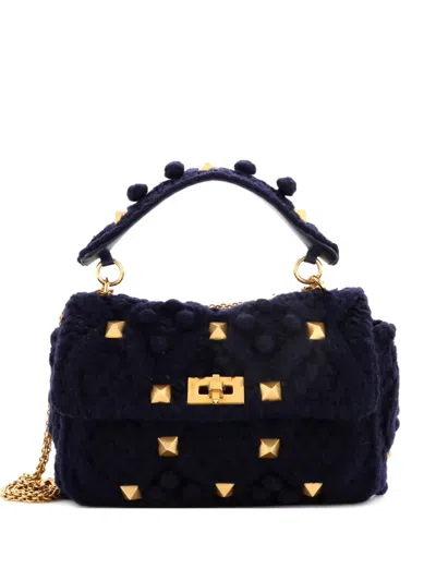 Pre-owned Valentino Garavani Roman Stud Flap Bag Knit Crochet Large Satchel In Blue