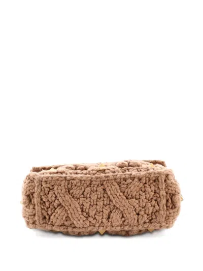 Pre-owned Valentino Garavani Roman Stud Flap Bag Quilted Knit Medium Shoulder Bag In Brown