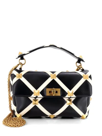 Pre-owned Valentino Garavani Roman Stud Flap Bag Quilted Leather Large Crossbody Bag In Black