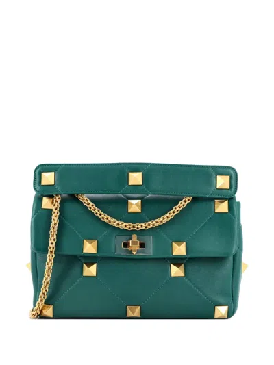 Pre-owned Valentino Garavani Roman Stud Flap Bag Quilted Leather Large Crossbody Bag In Green