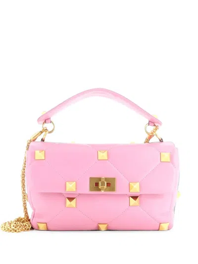 Pre-owned Valentino Garavani Roman Stud Flap Bag Quilted Leather Large Crossbody Bag In Pink