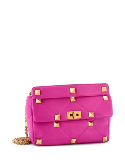 Pre-owned Valentino Garavani Roman Stud Flap Bag Quilted Leather Large Crossbody Bag In Purple