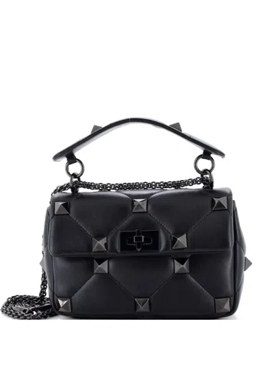 Pre-owned Valentino Garavani Roman Stud Flap Bag Quilted Leather Medium Crossbody Bag In Black