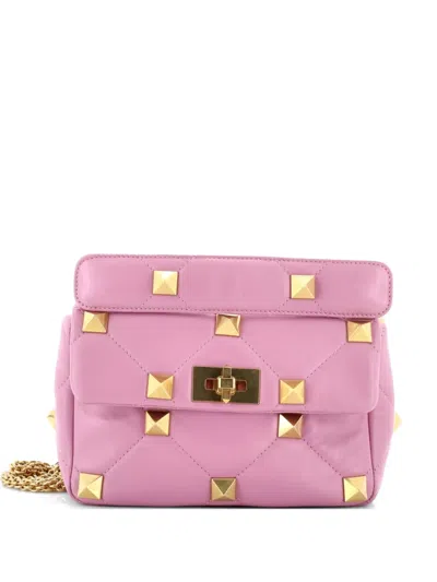Pre-owned Valentino Garavani Roman Stud Flap Bag Quilted Leather Medium Crossbody Bag In Pink