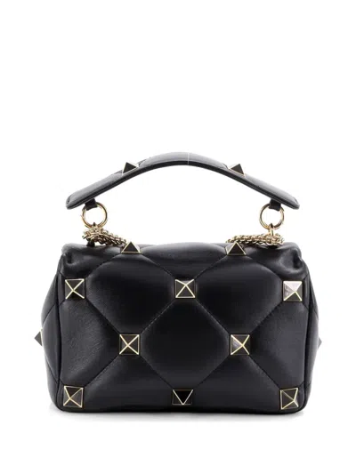 Pre-owned Valentino Garavani Roman Stud Flap Bag Quilted Leather Small Crossbody Bag In Black