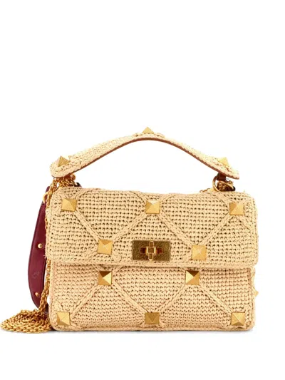 Pre-owned Valentino Garavani Roman Stud Flap Bag Woven Raffia Medium Satchel In Neutral