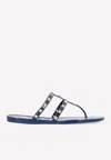 Valentino Roman Stud Flat Thong Sandals In Blue