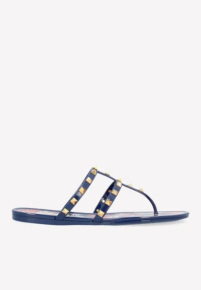 Valentino Garavani Roman Stud Flat Thong Sandals In Blue