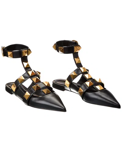 Valentino Garavani Valentino Roman Stud Leather Ankle Strap Flat (authentic Pre-loved) In Black