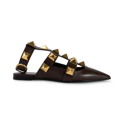 Valentino Garavani Valentino Roman Stud Leather Ankle Strap Flat In Brown
