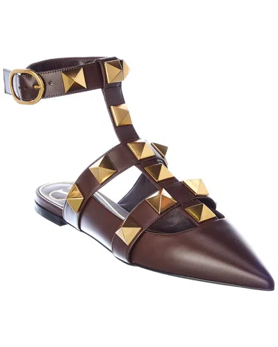 Valentino Garavani Valentino Roman Stud Leather Ankle Strap Flat In Brown