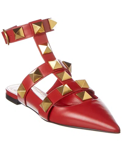 Valentino Garavani Valentino Roman Stud Leather Ankle Strap Flat In Red