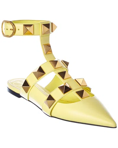 Valentino Garavani Valentino Roman Stud Leather Ankle Strap Flat In Yellow