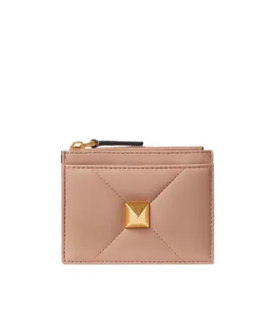 Valentino Garavani Roman Stud Leather Coin Purse In Brown