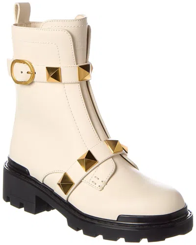 Valentino Garavani Valentino Roman Stud Leather Combat Boot In Neutral