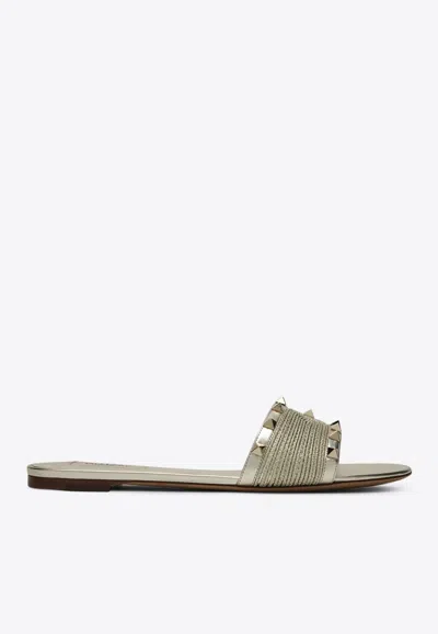 Valentino Garavani Roman Stud Leather Flat Sandals In Gold