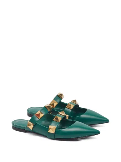 Pre-owned Valentino Garavani Roman Stud Leather Mules In Green