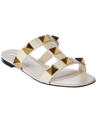 Valentino Garavani Roman Stud Flat Sandals With Signature Pyramid Studs In White