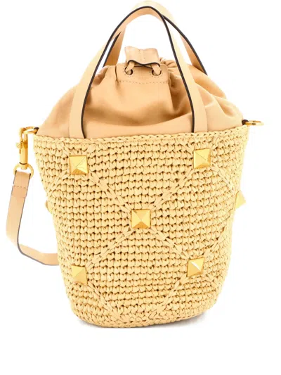 Pre-owned Valentino Garavani Roman Stud Raffia And Leather Bucket Bag In Neutral