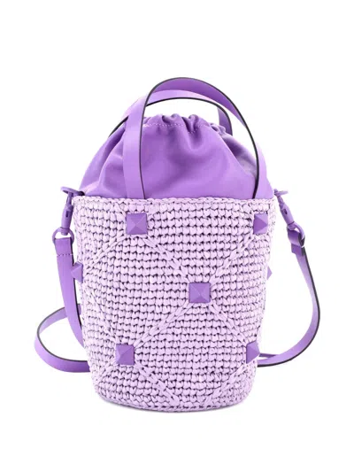 Pre-owned Valentino Garavani Roman Stud Raffia And Leather Bucket Bag In Purple