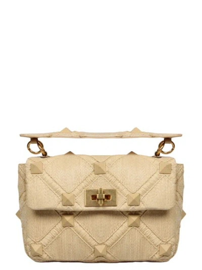 Valentino Garavani Roman Stud Raffia Shoulder Bag In Neutrals