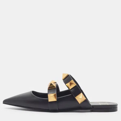 Pre-owned Valentino Garavani Roman Stud Size 37 Black Leather Flat Mules