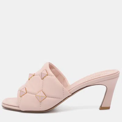 Pre-owned Valentino Garavani Roman Stud Size 37.5 Pink Leather Slide Sandals