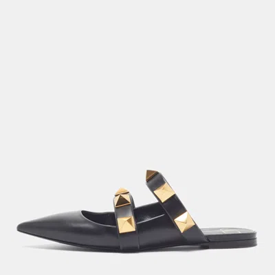 Pre-owned Valentino Garavani Roman Stud Size 39 Black Leather Flat Mules