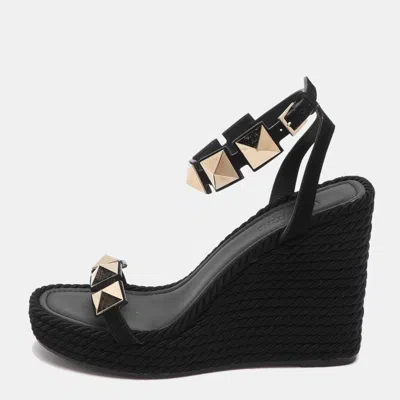 Pre-owned Valentino Garavani Roman Stud Size 39 Black Suede Wedge Platform Espadrille Sandals