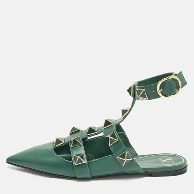 Pre-owned Valentino Garavani Roman Stud Size 41.5 Green Leather Mules