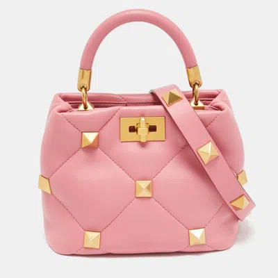 Pre-owned Valentino Garavani Roman Stud Small Pink Quilted Leather Top Handle Bag